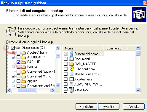 Fig 2 - Scegliere Backup Windows XP- Manuale Base Fig 3 - Scelta elementi di cui effettuare il backup.