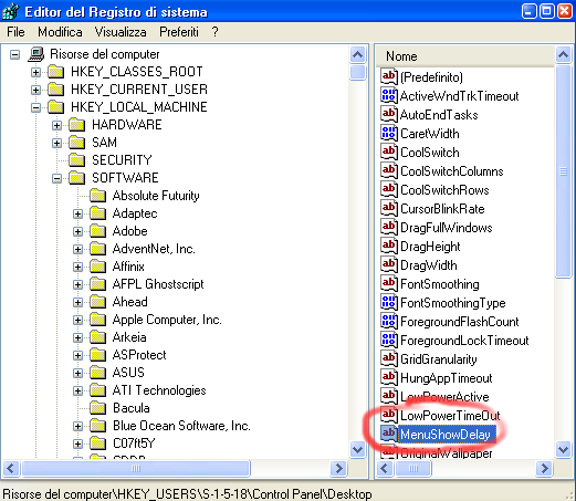 Facciamo un esempio: Velocizziamo l apertura dei vari menù, sia di windows che dei Programmi installati Navigate fino a trovare la chiave: [HKEY_CURRENT_USER\Control