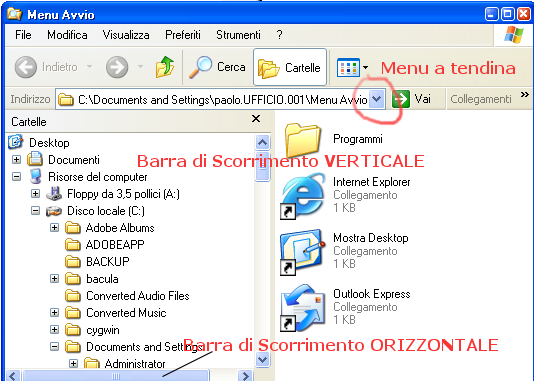 Le barre di scorrimento e i menu a tendina Le finestre che possiamo aprire possono in alcuni casi estendere il loro contenuto oltre lo spazio disponibile sul monitor per questo esistono le barre di