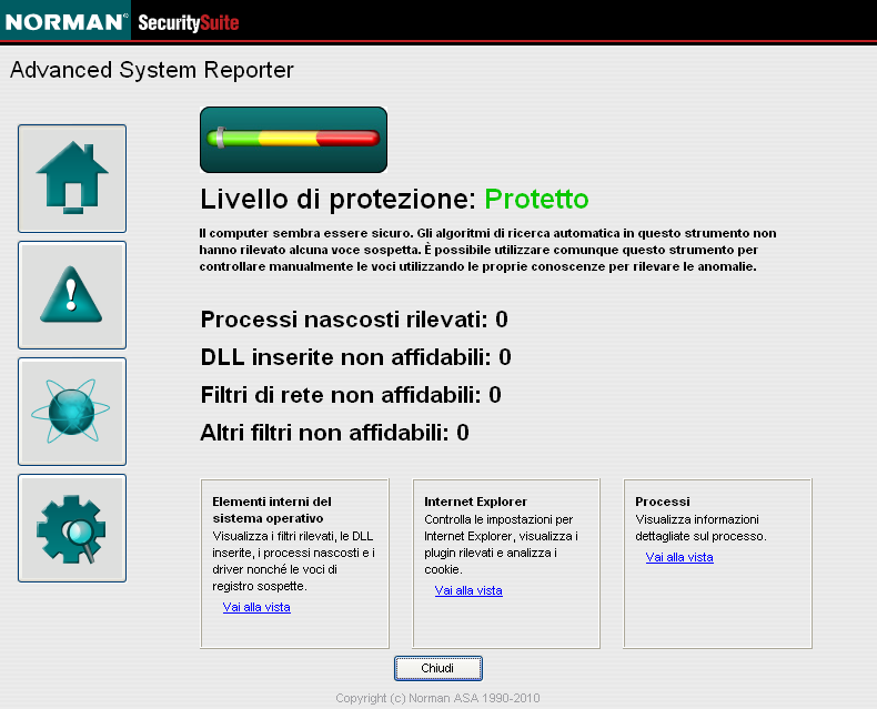 Le voci sospette come processi nascosti, processi ad auto-avvio sconosciuti, filtri di sistema sconosciuti, eccetera, possono rivelare applicazioni dannose.