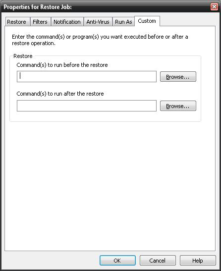 Restore Job Custom Commands Questa funzione permette che un comando venga eseguito prima o dopo un lavoro di backup.