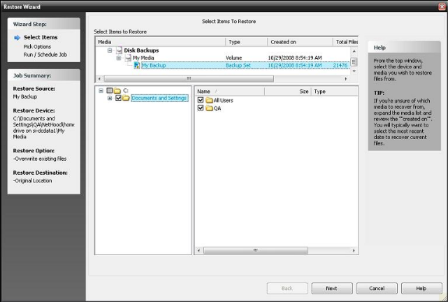 Seleziona oggetti per il ripristino Su questo schermo, selezionare tutti i file di backup precedenti dai quali ripristinare i file o il sistema.