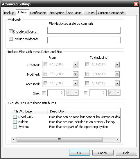 Filtri dei lavori di backup Caratteri Jolly Includi carattere jolly: Immettere tutti i caratteri jolly per i file da includere nel lavoro predefinito separati da una virgola (esempio: *.doc,*.xls,*.