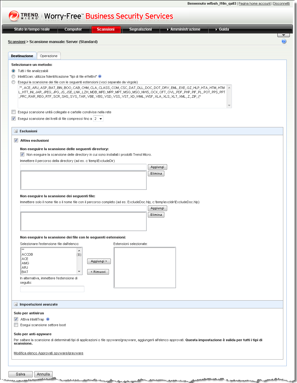 Gestione delle scansioni Configurazione della scansione manuale e pianificata La configurazione delle opzioni di scansione prevede l'impostazione della Destinazione (file da analizzare) e