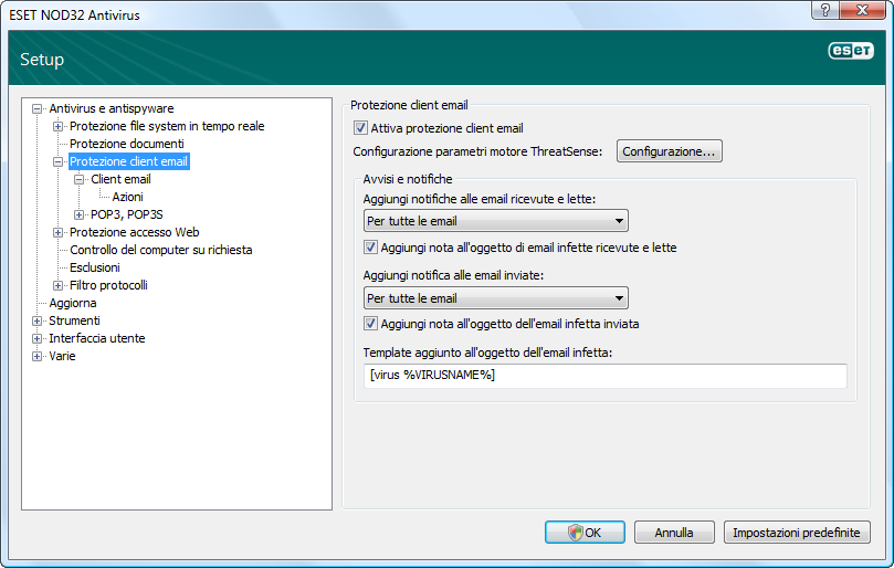 4.1.2.2 Integrazione con client e-mail L'integrazione di ESET NOD32 Antivirus con i client email aumenta il livello di protezione attiva contro codici dannosi nei messaggi email.