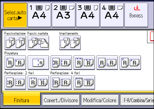 3. Copia 1. Premere [Finitura]. 2. Selezionare una delle posizioni di perforazione. 3. Premere [OK]. 4.