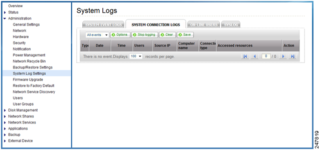 Amministrazione Per visualizzare il log connessioni sistema: Selezionare Amministrazione > Impostazioni registro sistema > Log connessioni sistema dal menu Spostamento.