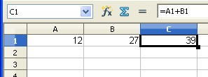 146 PC da Zero Terza Edizione Passo 4.3 Creare formule e allargare colonne LA MIA PRIMA FORMULA Digita 12 nella cella A1. Digita 27 nella cella B1.