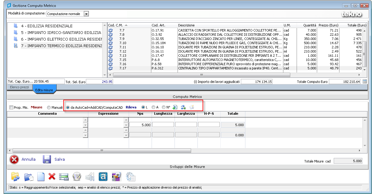 Visualizzare una misura sul disegno: 1)Selezionare una riga di sviluppo 2)Fare click sul pulsante "Evidenzia Misure nel Cad" Importazione delle misure da CAD in fase d immissione del computo metrico