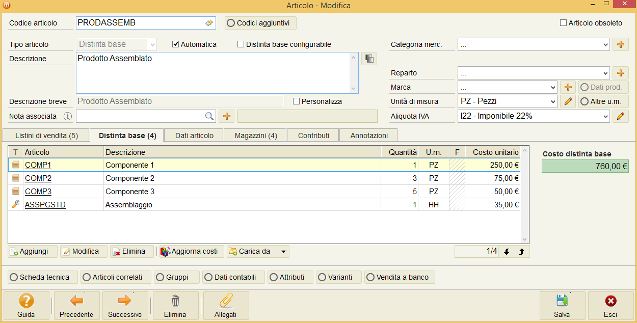 Conto lavoro attivo con Trasformazione o Assemblaggio Creazione dell articolo Distinta base Le lavorazioni che prevedono l assemblaggio di più prodotti richiedono la registrazione di un nuovo