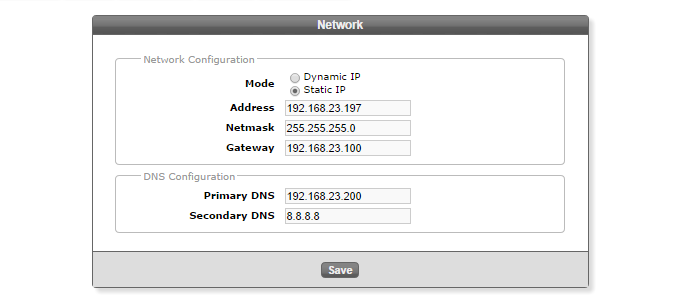 2.2 Network Dal sottomenù Network è possibile stabilire i parametri di rete associati al KalliopeFAX. È possibile assegnare un indirizzo IP statico o abilitare l assegnazione automatica tramite DHCP.