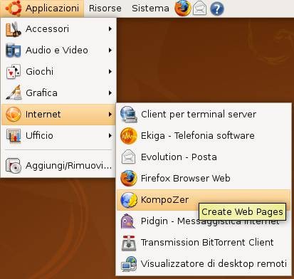 al termine troveremo il nuovo programma nel menu Applicazioni lanciamo KompoZer e scopriamo che ha i menu in inglese,