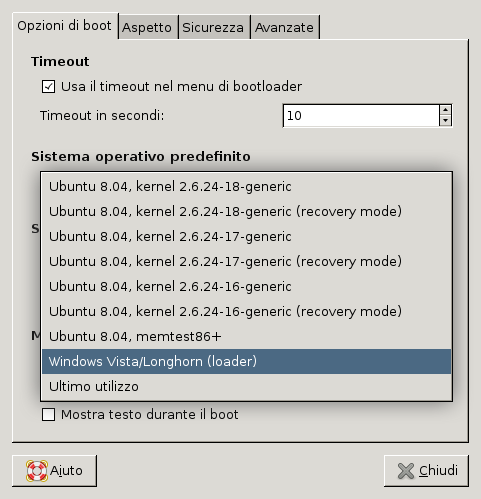 Nella seconda scheda Aspetto si possono modificare i temi di avvio, sia di GRUB e sia del caricamento del sistema operativo, in gergo chiamato