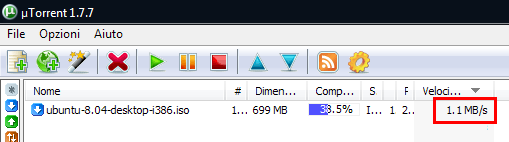 si aprirà il programma utorrent e inizierà il download, la velocità con la mia ADSL da 20 Mega e stata di 1,1 Mbps, al termine del download troverete il file nella cartella impostata durante