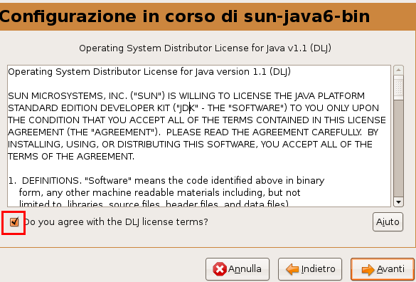 comparirà la finestra del plug-in Java dove dobbiamo spuntare la casellina per accettare la licenza di utilizzo e cliccare su Avanti le successive finestre si chiuderanno da sole a fine