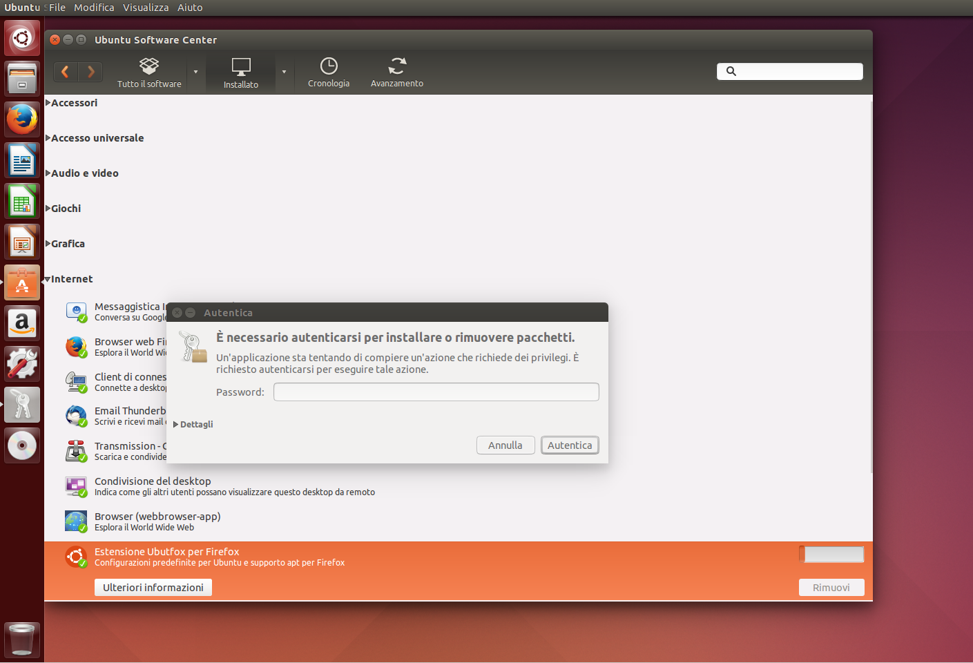 Ubuntu 9 si attiva l icona Ubuntu Software Center» sulla sinistra, si seleziona il pacchetto da installare (occorre ovviamente essere collegati in rete) oppure da rimuovere come nel nostro caso; alla