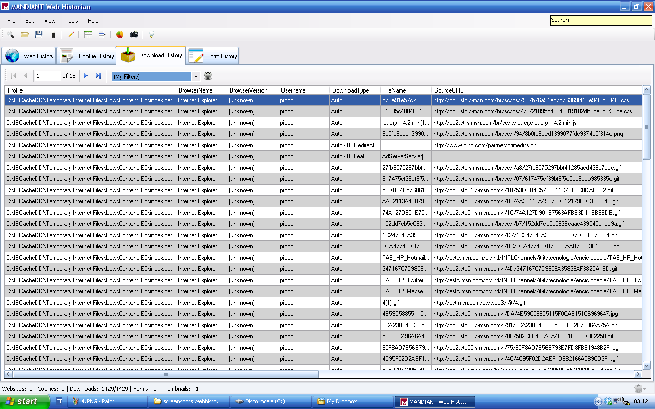 Figura 5.6 History pagine web È possibile, quindi, scorrere la tabella per poterla consultare, oppure esportarla in un altro formato (xml, csv o html).