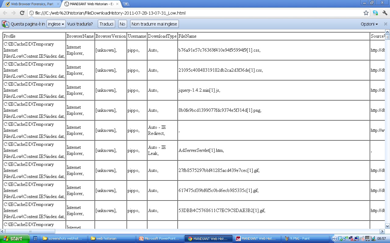 Figura 5.7 History in formato html 4.5.3 NetAnalysis v1.52 Il file di installazione di NetAnalysis v1.52 può essere scaricato all indirizzo web http://www.digital-detective.co.uk/downloads.asp.