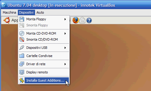 fig. 6 Scomparsa l'icona dal desktop, cliccate sul menù Dispositivi --> Installa Guest Additions della finestra di VirtualBox (fig.