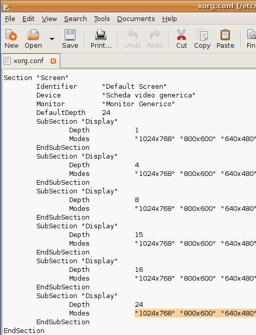 fig. 8 Iniziate con l'aggiungere le istruzioni evidenziate in fig. 9, sono la risoluzione video che ho trovato più adatta per il mio portatile.