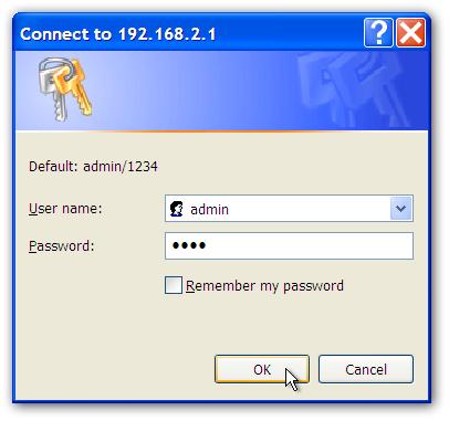 2. Comparirà la seguente schermata di accesso. Inserire il nome utente predefinito admin e la password predefinita 1234 e cliccare su OK. 3.