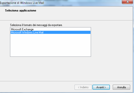 posta elettronica -> nella nuova finestra che compare selezionare l opzione Microsoft Windows Live Mail -> clic sul pulsante Avanti -> con il pulsante Sfoglia cercare la cartella di backup creata in