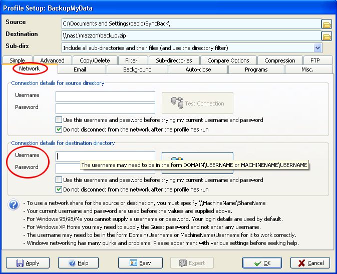 Selezioniamo ora la linguetta Network : la directory che abbiamo indicato come destinazione e' infatti quella che in gergo Windows si chiama Risorsa di rete e per potervi accedere e' necessario che: