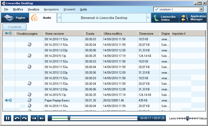 Riproduzione e utilizzo delle sessioni Visualizzazione di un elenco di sessioni Per visualizzare un elenco di tutte le sessioni Paper Replay : Fare clic sul pulsante Audio o