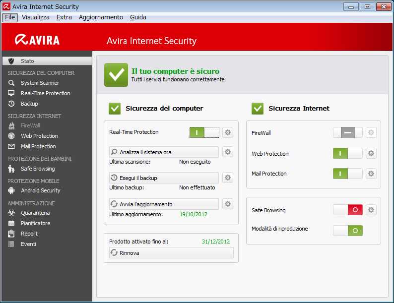 Panoramica di Avira Internet Security La finestra di Control Center è suddivisa in tre aree: la barra dei menu, l' area di navigazione e la finestra dettagliata Stato: Barra dei menu: nei menu di