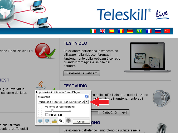 In questa fase l'utente può installare gli eventuali plugin che non risultano presenti sulla postazione, può selezionare la webcam di riferimento tra
