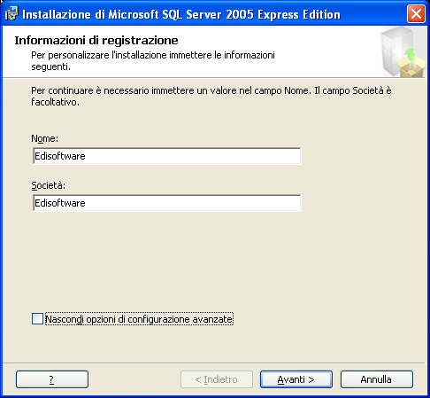 Installazione Avanzata Sql Server 2005 Di seguito sono forniti i passi per affrontare, se desiderato la procedura di installazione avanzata di Sql Server 2005 Express.
