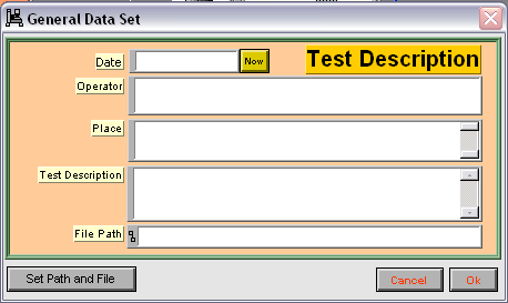 Fig 3.12 Pannello di salvataggio delle informazioni generali sulla prova General Data Premere OK per salvare tutti i dati inseriti e ritornare alla finestra TEST SETUP.