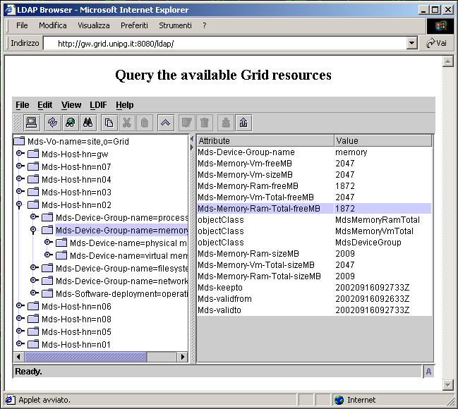 Sperimentazione dell ambiente Grid Figura 4.15: Interrogazione via Web delle risorse Grid. putazionale attraverso il Web; in figura 4.15 è visibile una tipica query sulle risorse del nodo n02.