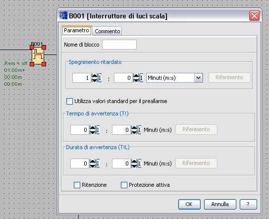 tempo di avvertenza (T!), che avvisa tramite un lampeggio che le luci si stanno spegnendo (Errore. L'origine riferimento non è stata trovata.). Figura 12 Sempre con riferimento alla Figura 11, nel software, il blocco I2 è collegato al blocco B002 (Spegnimento ritardato).
