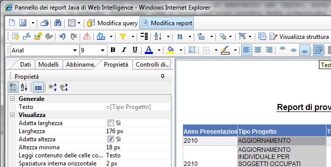 Trascinando l oggetto Tipo progetto dalla scheda dati al riquadro in basso a destra Filtri di query compare un nuovo oggetto filtro che rende disponibili una serie di operatori che consentono di