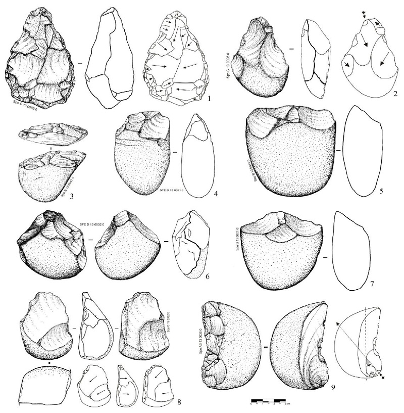 Murgia San Pellegrino: 1. Bifacciale amigdaloide; 2. Piccolo bifacciale amigdaloide su scheggia; 3. Chopperraschiatoio; 5-7. Choppers; 8. Hachereau su spessa scheggia; 9.