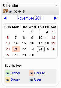 Figura 10. Il modulo calendario Se aggiungi delle date per un attività di esercitazione, Forum, Quiz o Chat nell ambito del tuo corso, questi eventi verranno automaticamente mostrati nel Calendario.