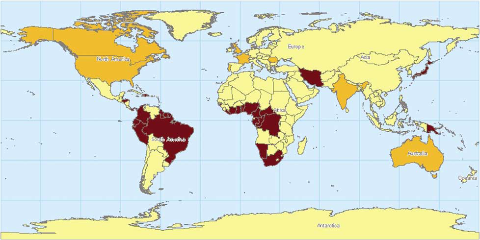 Countries with endemic HTLV-I, defined as prevalence between 1 and 5% in some populations, are shown in dark brown.