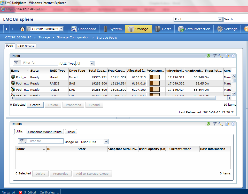 Monitoraggio del sistema Figura 60. Pannello degli storage pool Monitorare la capacità a livello di storage pool e di LUN. 1. Fare clic su Storage e selezionare LUNs.