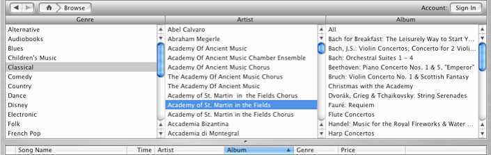 Non si può organizzare il browser in altre categorie, per es: strumenti (piano, violino, violoncello,..) o genere (sinfonia, sonata, concerto,..) o periodo (romantico, contemporaneo, ), ecc.