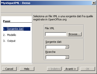 X Build Figura 41: Primo passo: selezione della sorgente dati Il primo passo consente di scegliere il file XML per comporre il documento come da Figura 41.