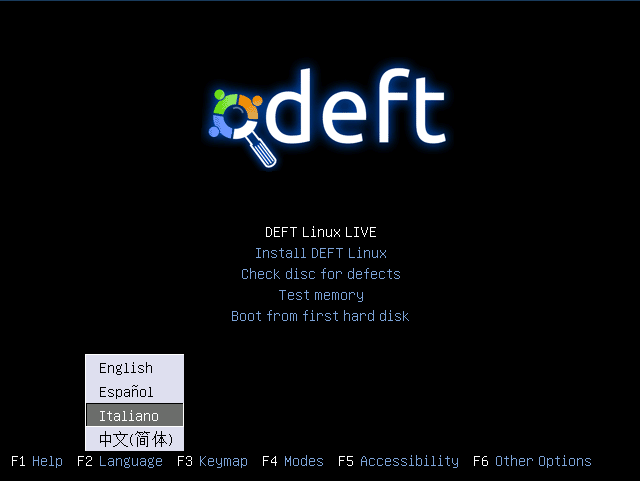 19 Manuale DEFT 7 4.5 Parametri di avvio di DEFT Avviato il boot loader di DEFT, ci si trova di fronte ad una schermata con diverse opzioni di avvio.
