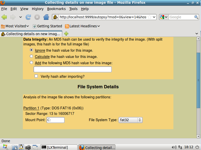 61 Manuale DEFT 7 Gestione valore dell hash e tipo di file system della/e partizioni La creazione dell oggetto Disco001 sarà completa al termine