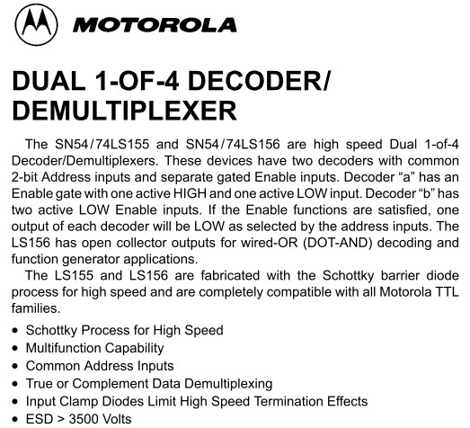 Dual -4 decoder/demultiplexer 74LS55 and 74LS56