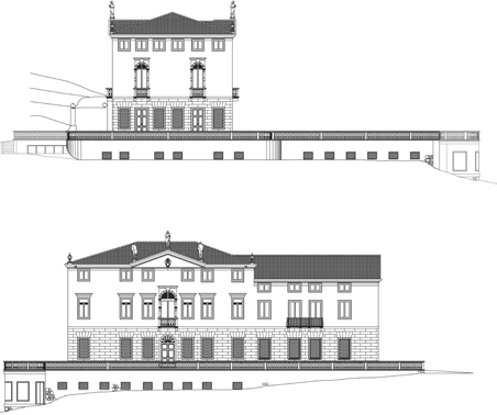 vittorio veller_il progetto Disegni del restauro di progetto: fronti sud ed est. Drawings for the restoration project: southern and eastern façades.