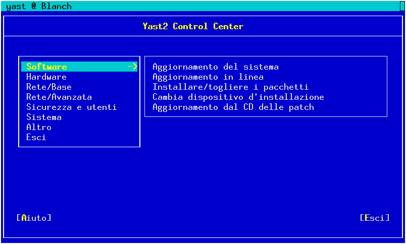 YaST2 nel modo testo (ncurses) YaST2 può essere usato anche tramite un terminal basato su testo. Questo si rivela utile se l amministratore non dispone di un accesso su una superficie grafica X11.