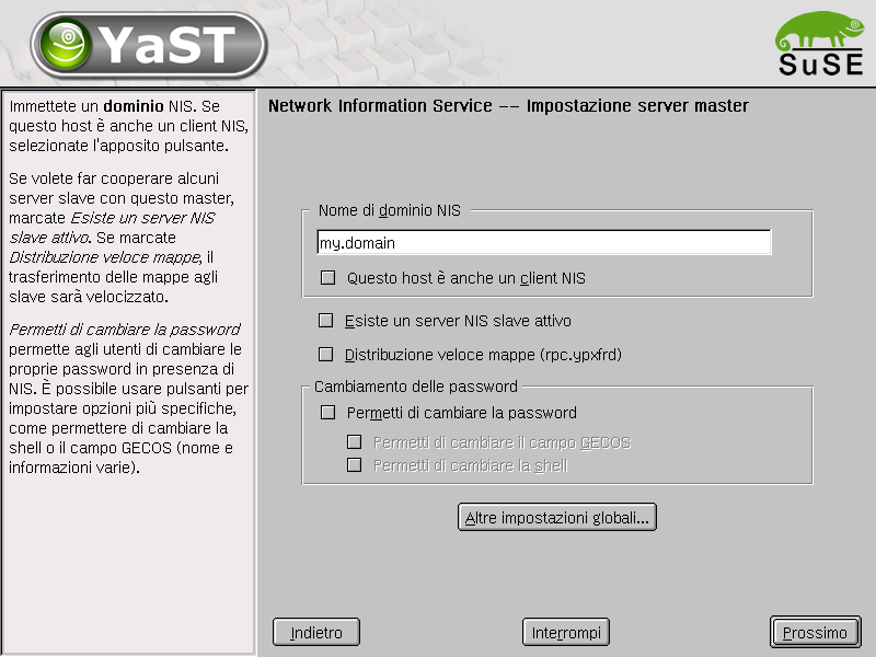 Figura 9.4: YaST2: tool di configurazione per server NIS e Permetti di cambiare la shell.