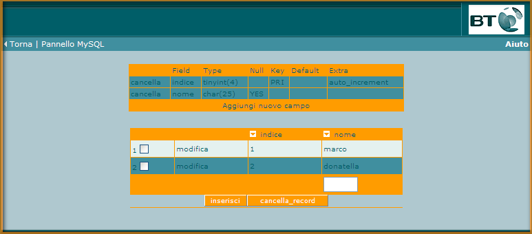 6.3 Lettura record del database Nella pagina principale del Pannello Mysql cliccando sul link del nometabella (vedi Figura in basso) possiamo leggere i record della tabella, visualizzando anche la