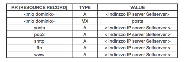 Per associare l indirizzo IP del nuovo server Selfserver al tuo attuale dominio, la zona DNS deve essere riconfigurata nel seguente modo: Hai acquistato un dominio con Selfserver In questo caso l