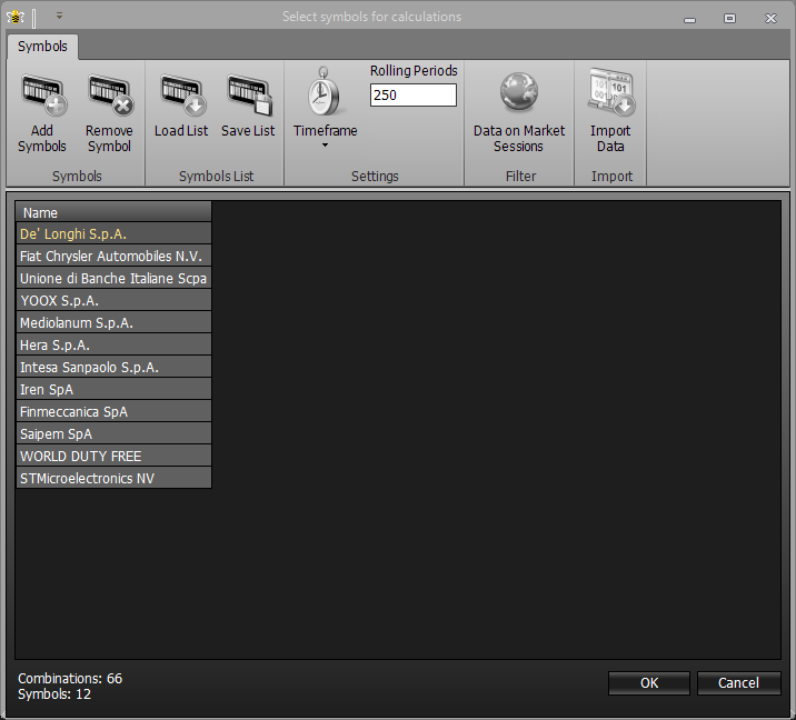 Capitolo 3 OverSpread di beetrader 3 Select Symbols Si inizia con l'inserire i titoli (non c'è un limite di simboli, tuttavia con più di 100 titoli il calcolo può risultare particolarmente lento) che